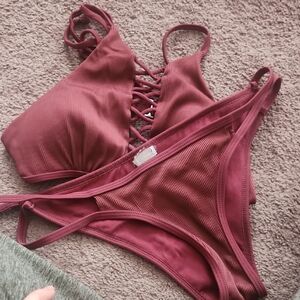 Burgundy Lace-Up Bikini Set By Ron Jon